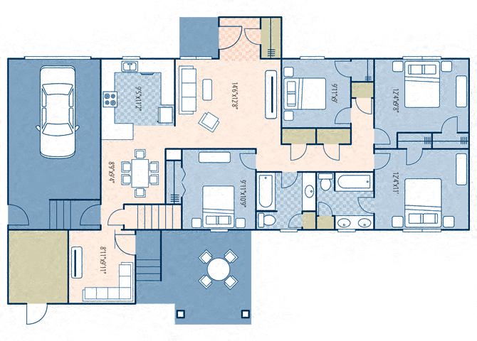 Floor plan for 4 beds, 2 baths, 1360 sqft